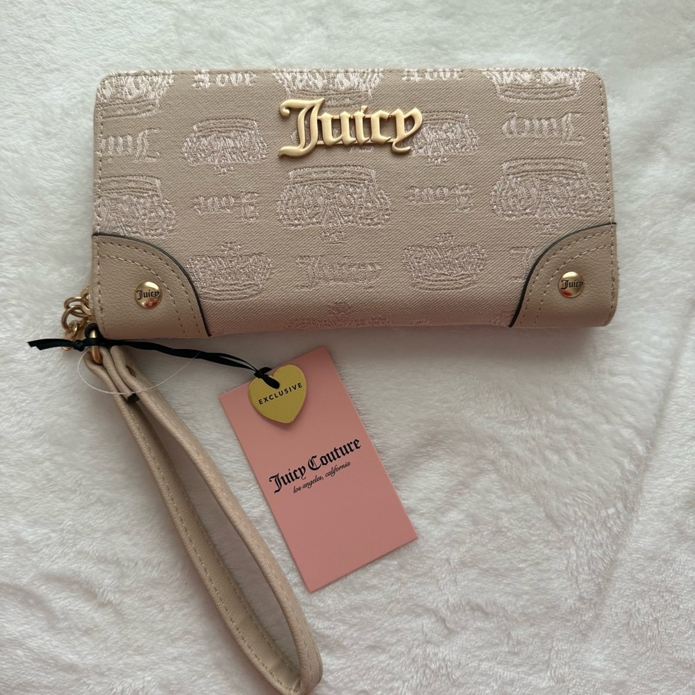 Juicy Couture Gold Accent Beige Wristlet  Crown Logo Wallet Y2K Zip Clutch NWT